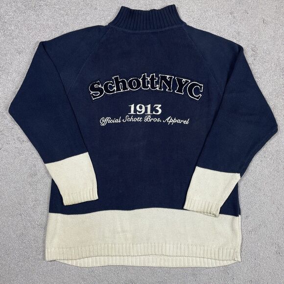 Schott NYC Sweater Mens Large Thick Embroidered Mock Neck Cotton Two Toned Navy - Picture 1 of 15